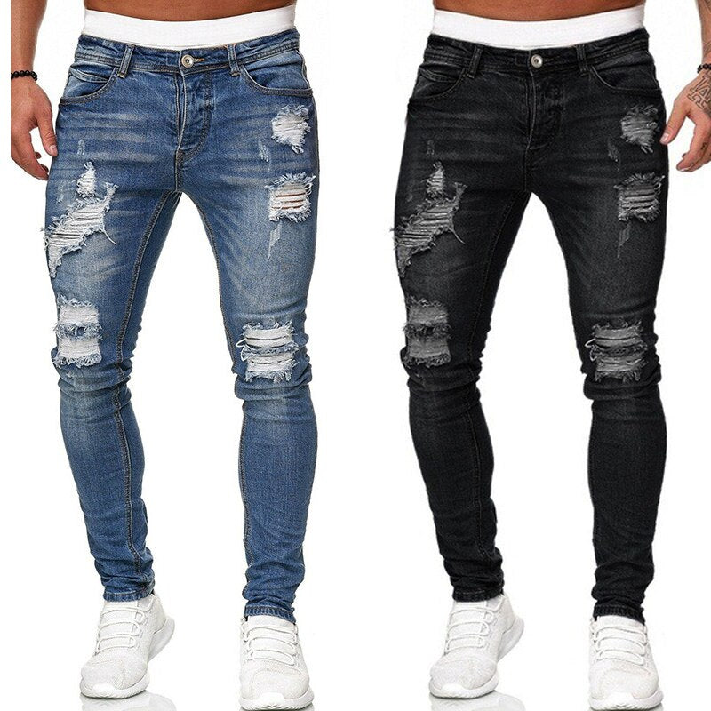 Casual Men's Jeans Business Jeans Men's Slim Stretch Pencil Pants Four Seasons Blue Sports Jeans Ripped Street Running Pants New