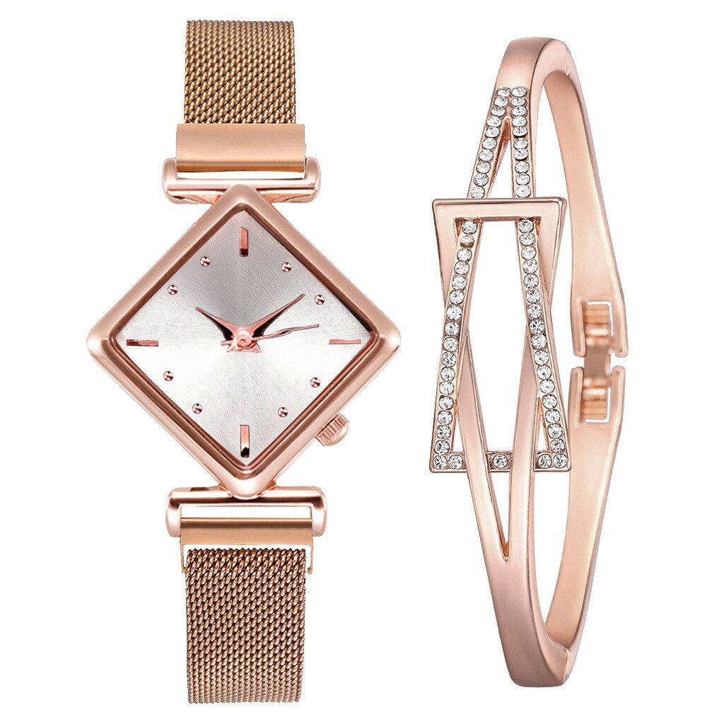 Simple Rhombus Women Watches &amp; Bracelets Set Dial Luxury Stainless Steel Bangle Bracelet Watch Ladies Quartz Wristwatch Gifts