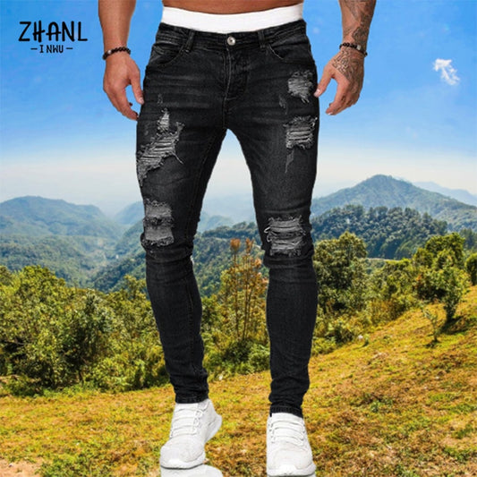 Casual Men's Jeans Business Jeans Men's Slim Stretch Pencil Pants Four Seasons Blue Sports Jeans Ripped Street Running Pants New
