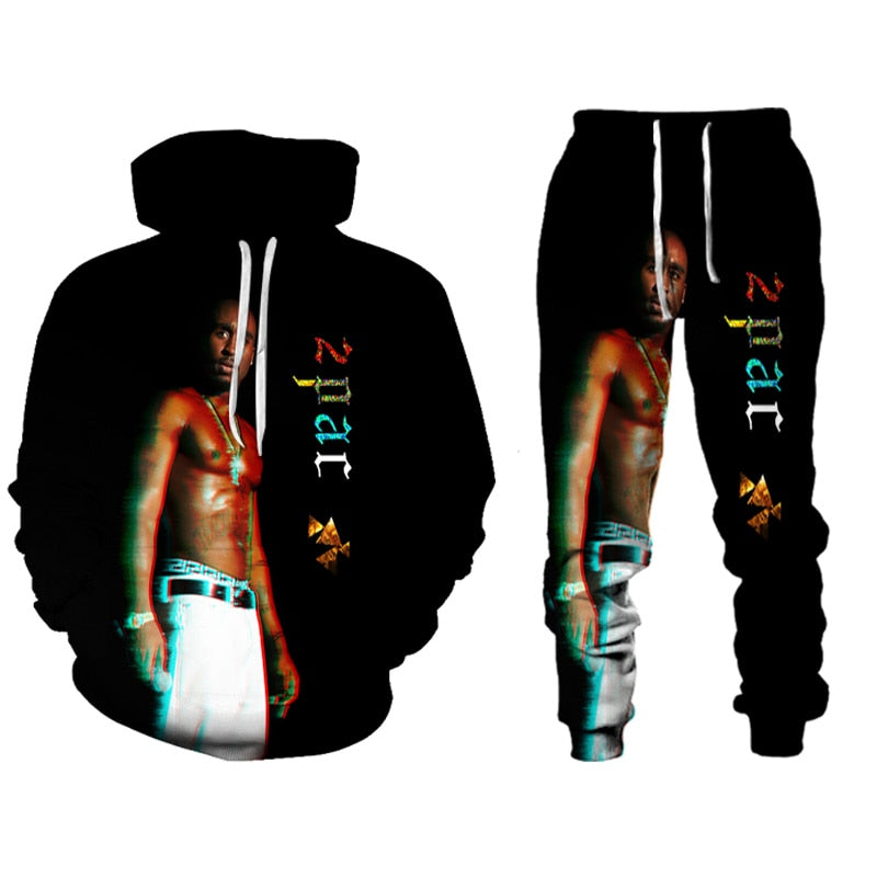 Hip Hop Rapper Tupac Hoodie Set 2 PAC Fleece Sweatshirts Sweatpants West Coast Gangsta Rap Clothing Pullover