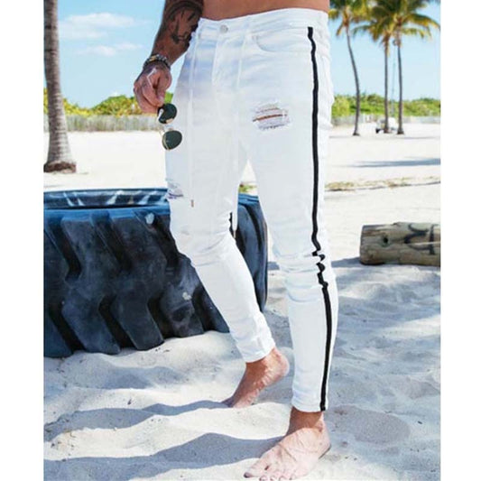 Broken Men's Jeans Casual Jeans Men's Youth Motorcycle Men Stretch Pencil Pants Worn White Slim Pants Four Seasons Blue Men New