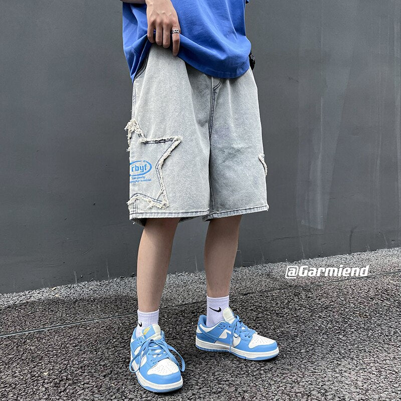 Ripped Stars Patch Jeans Shorts for Men Summer Korean Fashion Trends Streetwear Bottoms Teenage Baggy Denim Pants Gothic Clothes