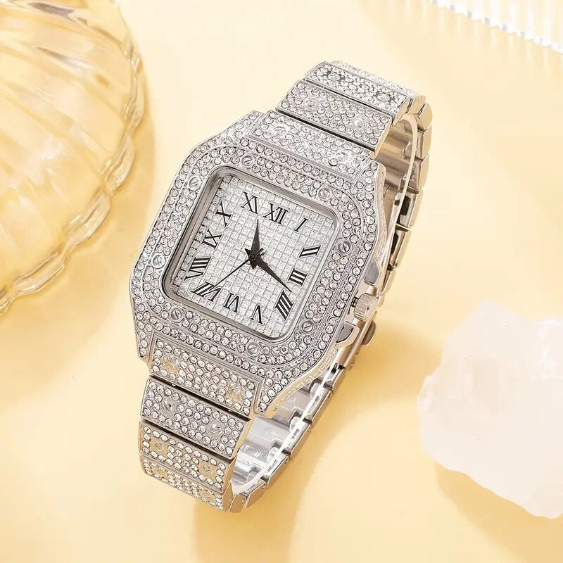 2Pcs Set Diamond Women Watches Gold Watch Ladies Wrist Watches Luxury Brand Rhinestone Womens Bracelet Watches