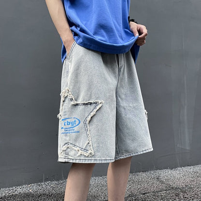 Ripped Stars Patch Jeans Shorts for Men Summer Korean Fashion Trends Streetwear Bottoms Teenage Baggy Denim Pants Gothic Clothes