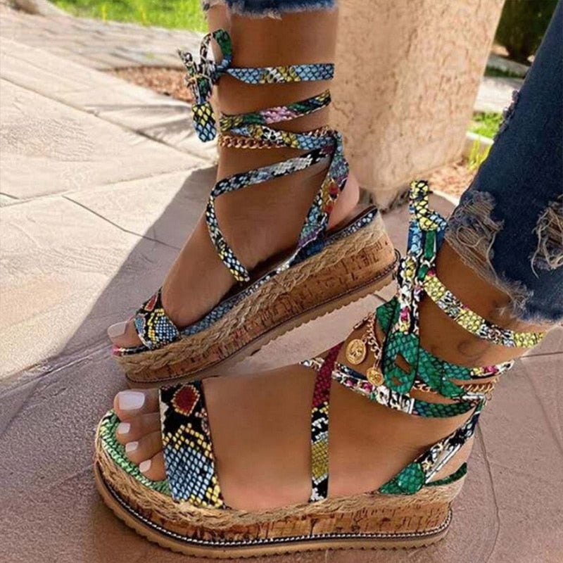 New Summer Women Snake Sandals Platform Heels Cross Strap Ankle Lace Peep Toe  Beach Party Ladies Shoes Zapatos Sandals