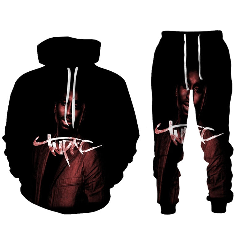 Hip Hop Rapper Tupac Hoodie Set 2 PAC Fleece Sweatshirts Sweatpants West Coast Gangsta Rap Clothing Pullover