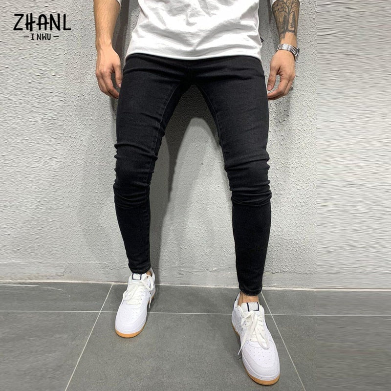 Casual Men's Jeans Business Jeans Men's Slim Stretch Pencil Pants Four Seasons Blue Sports Jeans Ripped Street Running Pants New