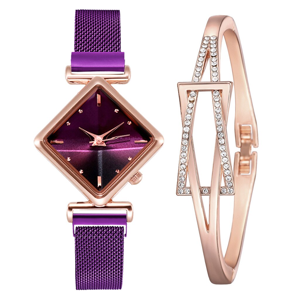 Simple Rhombus Women Watches &amp; Bracelets Set Dial Luxury Stainless Steel Bangle Bracelet Watch Ladies Quartz Wristwatch Gifts