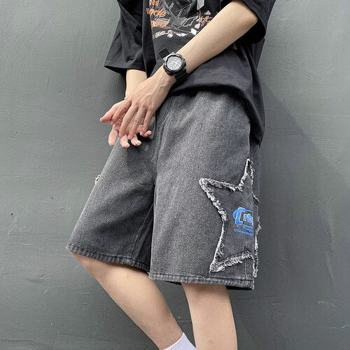 Ripped Stars Patch Jeans Shorts for Men Summer Korean Fashion Trends Streetwear Bottoms Teenage Baggy Denim Pants Gothic Clothes