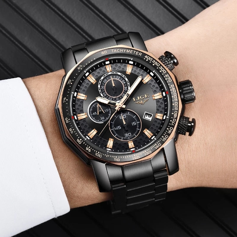 2022 LIGE Men Watches Waterproof Date Brand Clock Large Dial Watch for Men Chronograph Luxury Stainless Steel Quartz Wristwatch