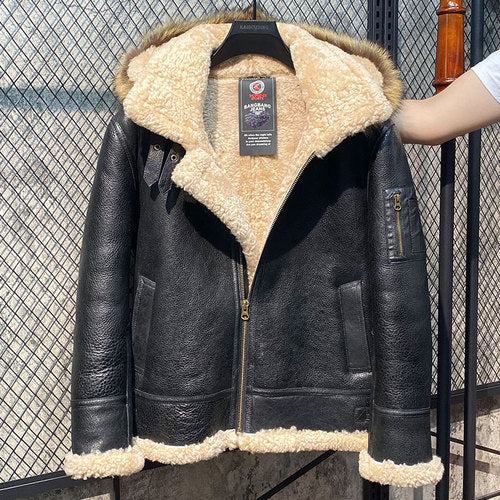 AYUNSUE Warm hooded winter jacket men 100% nature Sheepskin Fur Coat Genuine Leather Jacket Men clothes cazadoras de hombre