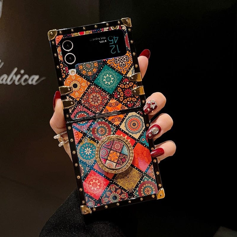 Rhombus Palace Flowers Rivet Square Phone Cover For Samsung Galaxy Z Flip 4 3 Rhinestone Ring Bracket With Lanyard Blue Ray Case