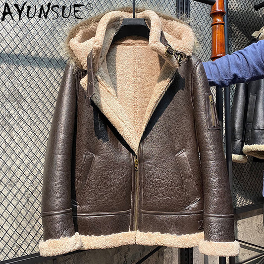 AYUNSUE Warm hooded winter jacket men 100% nature Sheepskin Fur Coat Genuine Leather Jacket Men clothes cazadoras de hombre