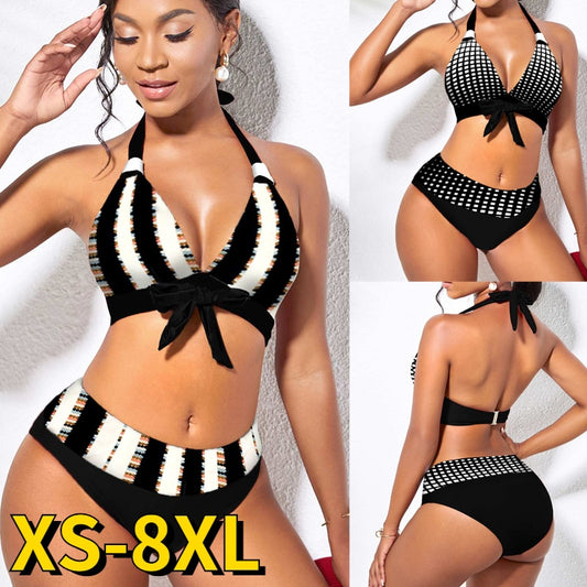 New 2022 Women Sexy Swimsuit Mid Waist Lattice Print Bikini Set Two Pieces Female Summer Loose Stripe Swimwear