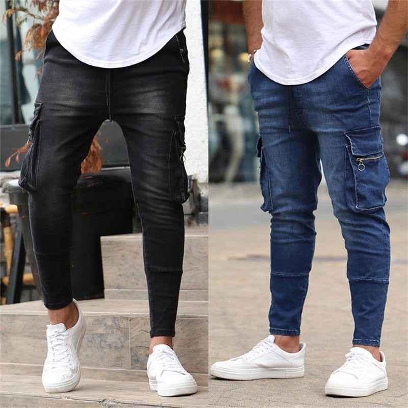 New Men's Jeans Slim Stretch Jeans Men's Casual Fashion Blue Multi-Pocket Travel Jeans Street Work Hip Hop Straight Cut Pants