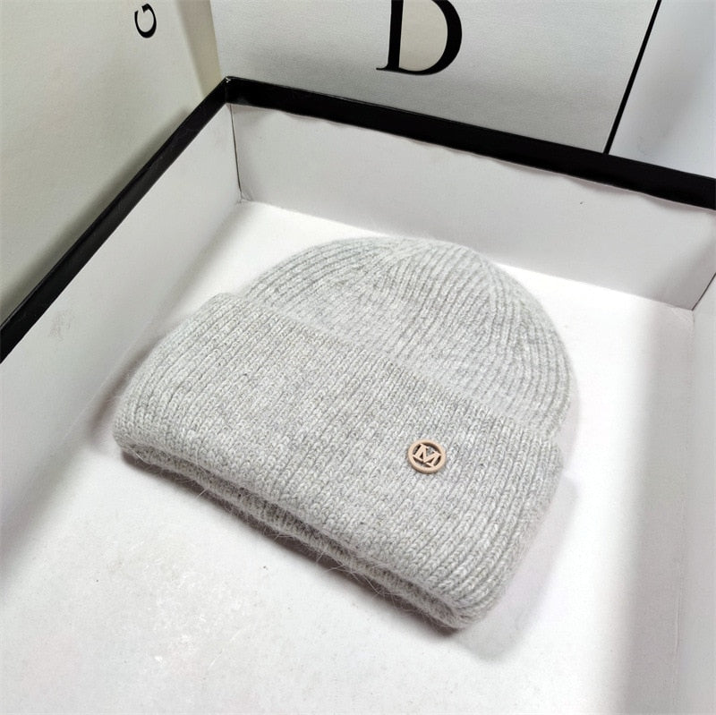 USPOP New Women&#39;s Hats Winter Thick Warm Knitted Hats Solid Color Letter M Soft Rabbit Hair Skullies Beanies