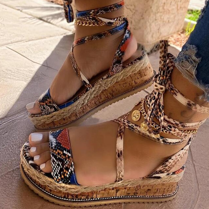 New Summer Women Snake Sandals Platform Heels Cross Strap Ankle Lace Peep Toe  Beach Party Ladies Shoes Zapatos Sandals