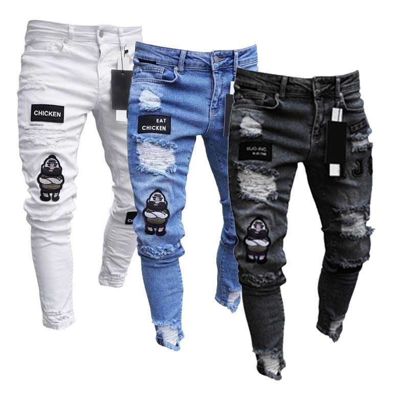 Four Seasons Youth Fashion Jeans Men's Tight Stretch Pencil Pants Denim Cotton Frayed Sports Letters Trousers Badge Men's Pants