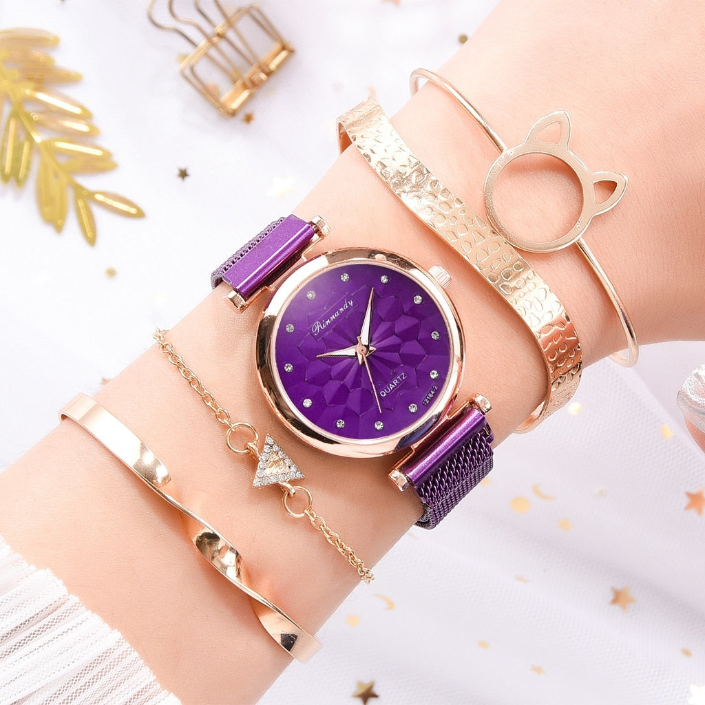 5PCS Bracelet Watches Set Fashion Women Rose Gold Mesh Belt Wristwatches Quartz Watch for Women Business Clock Relogio Feminino
