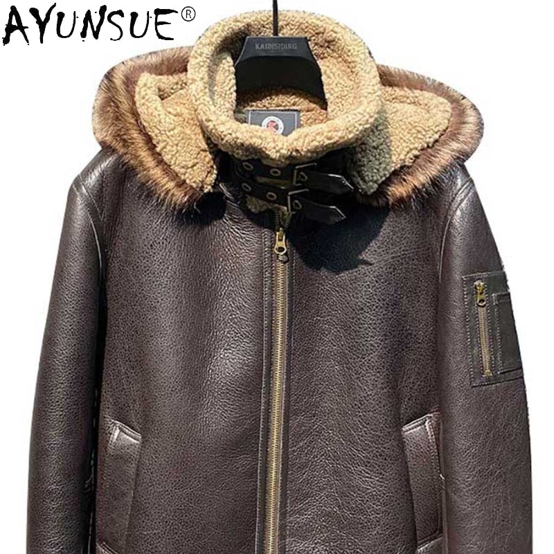 AYUNSUE Warm hooded winter jacket men 100% nature Sheepskin Fur Coat Genuine Leather Jacket Men clothes cazadoras de hombre