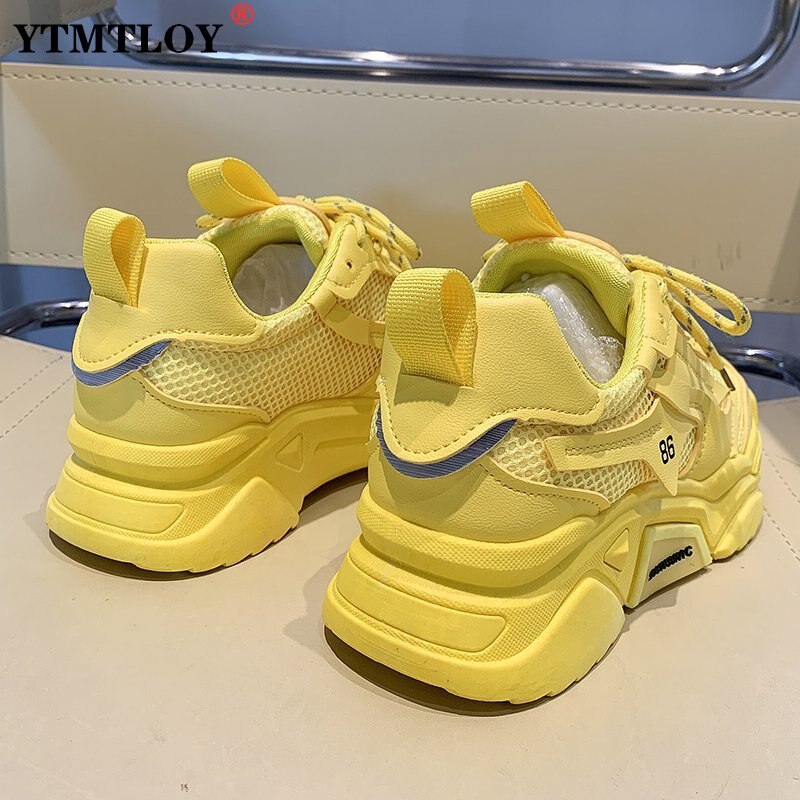 Fashion White Chunky Sneakers Women Shoes Korean Yellow Sneakers Breathable Height Increased Non-slip Casuals Shoes Autumn
