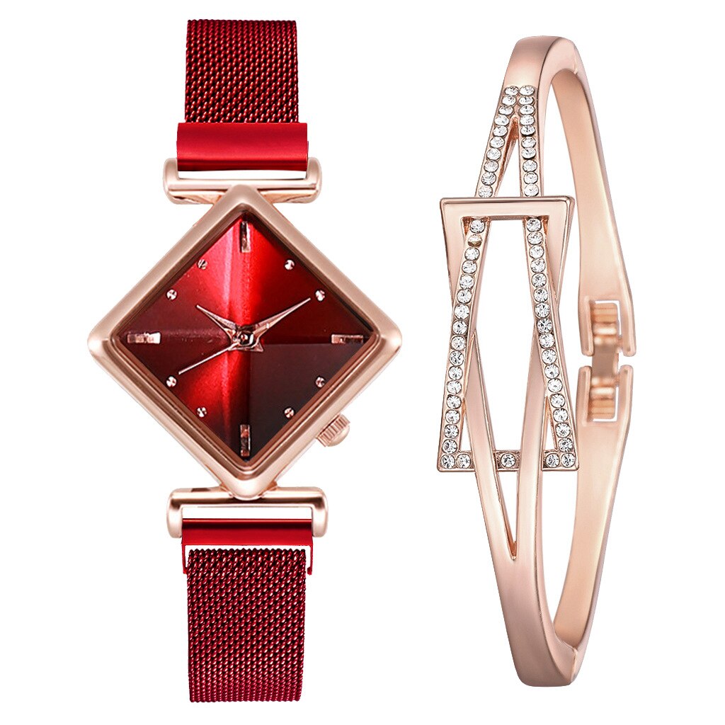 Simple Rhombus Women Watches &amp; Bracelets Set Dial Luxury Stainless Steel Bangle Bracelet Watch Ladies Quartz Wristwatch Gifts