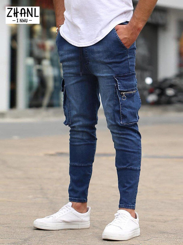 New Men's Jeans Slim Stretch Jeans Men's Casual Fashion Blue Multi-Pocket Travel Jeans Street Work Hip Hop Straight Cut Pants