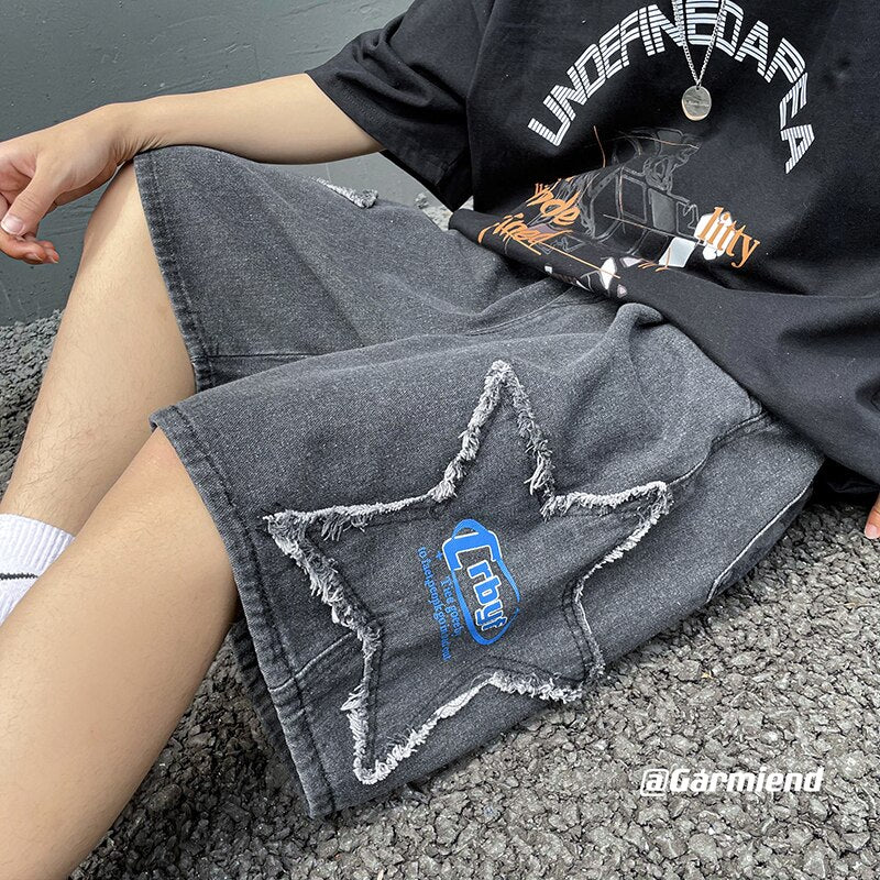 Ripped Stars Patch Jeans Shorts for Men Summer Korean Fashion Trends Streetwear Bottoms Teenage Baggy Denim Pants Gothic Clothes