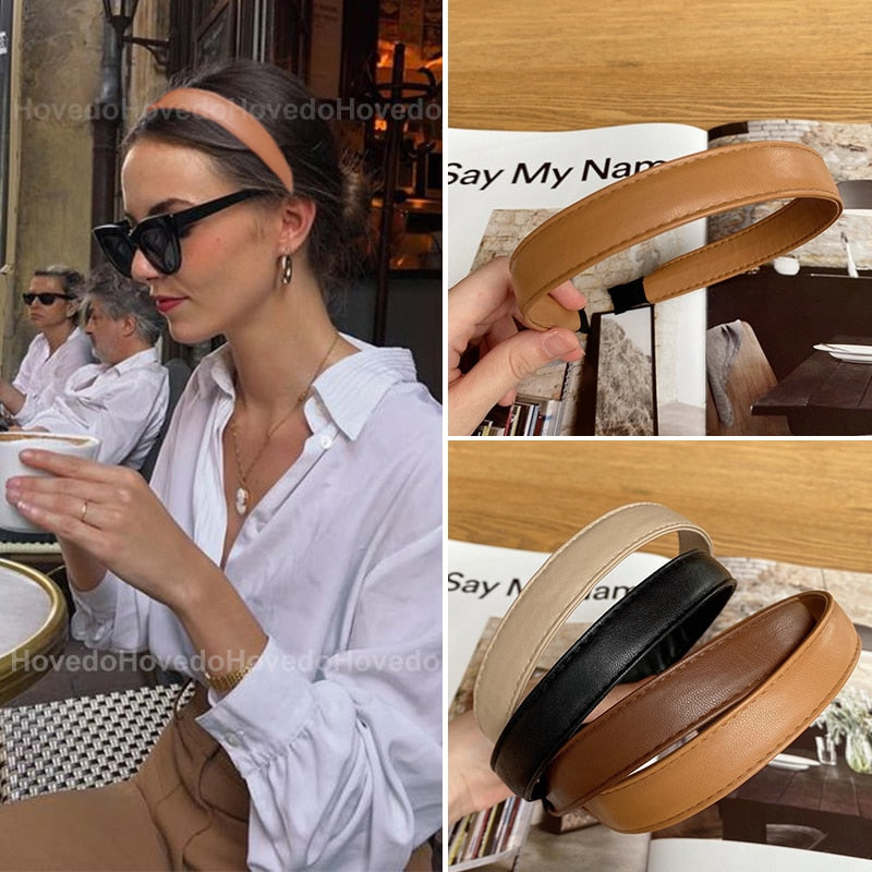 Vintage PU Leather Headband Hairbands Solid Headwear for Women Girls Fashion Hair Band Chic Hair Hoop Hair Accessories