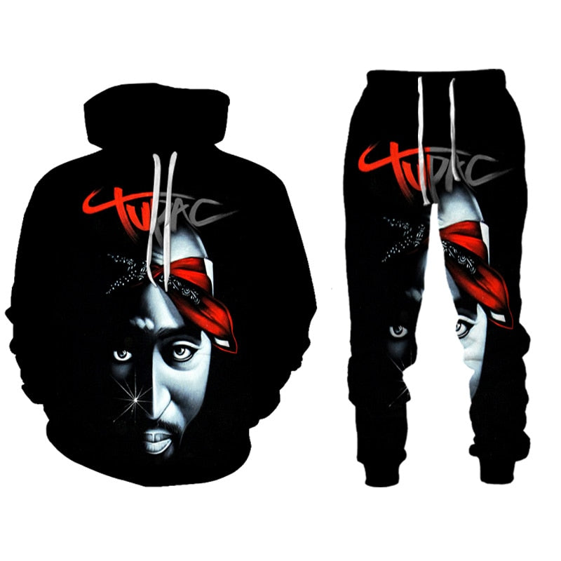 Hip Hop Rapper Tupac Hoodie Set 2 PAC Fleece Sweatshirts Sweatpants West Coast Gangsta Rap Clothing Pullover