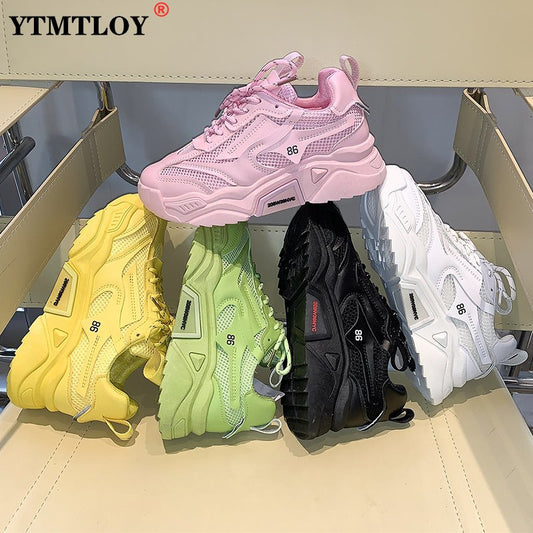 Fashion White Chunky Sneakers Women Shoes Korean Yellow Sneakers Breathable Height Increased Non-slip Casuals Shoes Autumn
