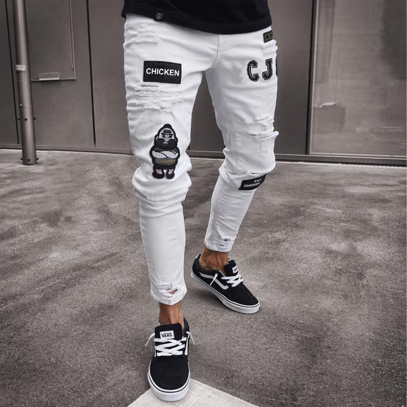 Four Seasons Youth Fashion Jeans Men's Tight Stretch Pencil Pants Denim Cotton Frayed Sports Letters Trousers Badge Men's Pants