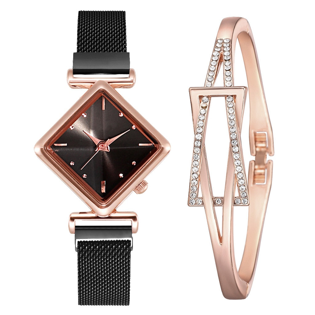 Simple Rhombus Women Watches &amp; Bracelets Set Dial Luxury Stainless Steel Bangle Bracelet Watch Ladies Quartz Wristwatch Gifts