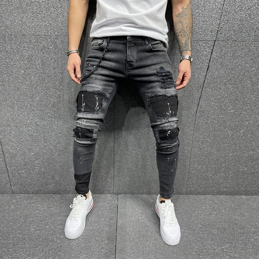 Mens Streetwear Fashion Pants Elastic Skinny Slim Fit Jeans Patch Pockets Ripped Jeans for Men Vintage Black Denim Trousers