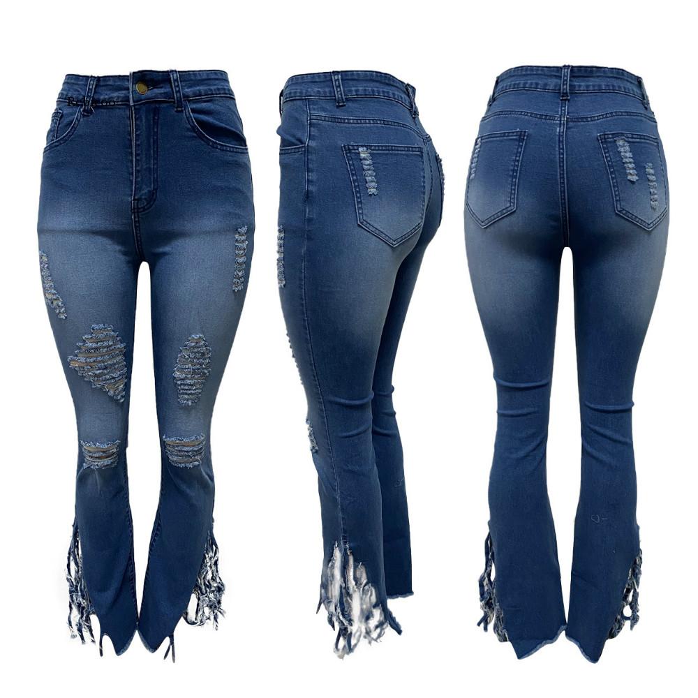 Sexy Ripped Hole Denim Jeans Women Fringe Bottom Ruffle Tassels Flare Pants High Waist Bodycon Trousers Streetwear Outfit