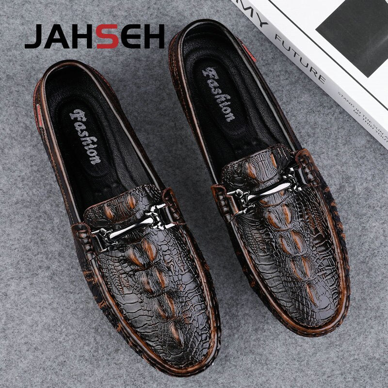 JAHSEH Men Cow Leather Crocodile Grain Style Loafers High Quality Business Casual Shoes Handmade Men Genuine Leather Moccasins