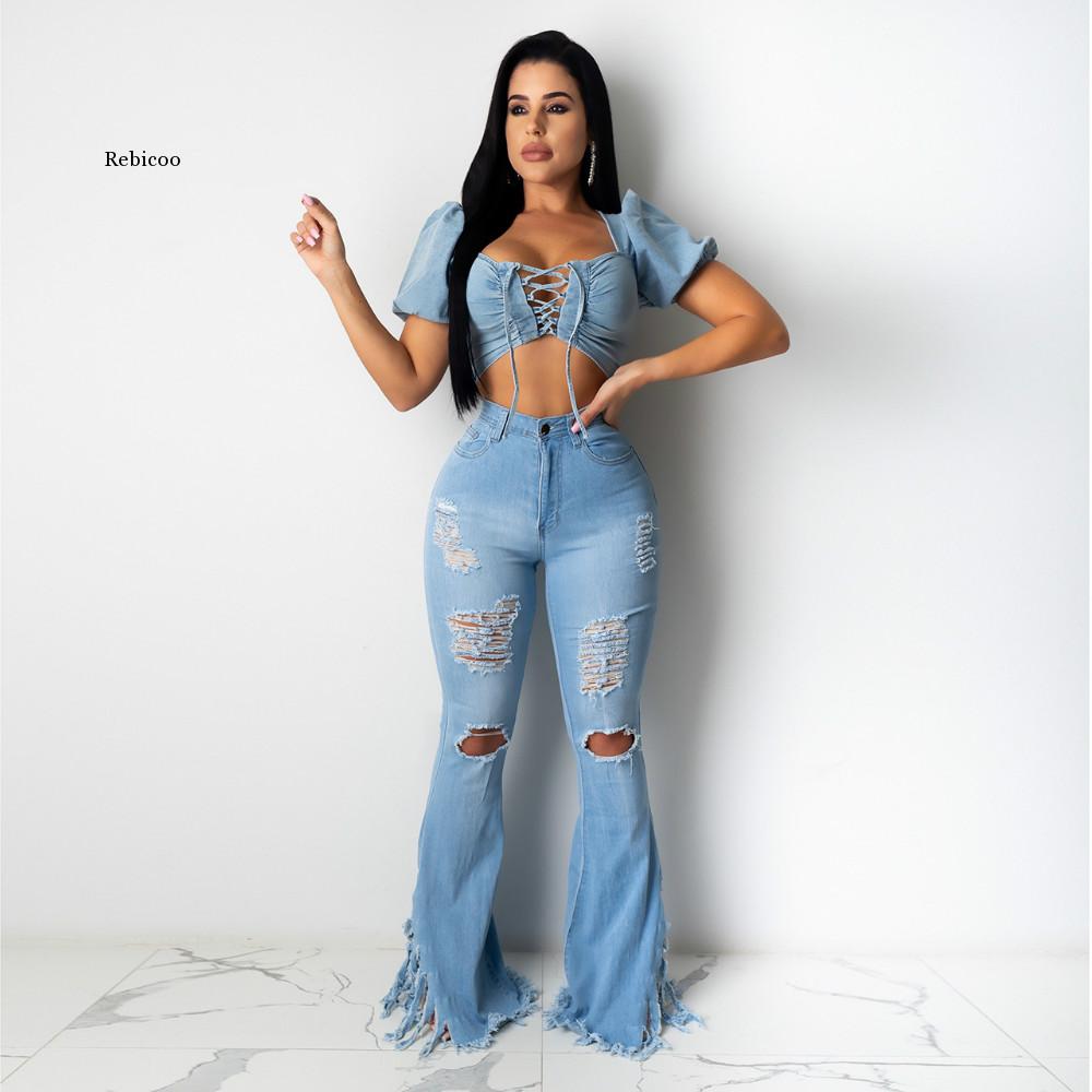 Sexy Ripped Hole Denim Jeans Women Fringe Bottom Ruffle Tassels Flare Pants High Waist Bodycon Trousers Streetwear Outfit