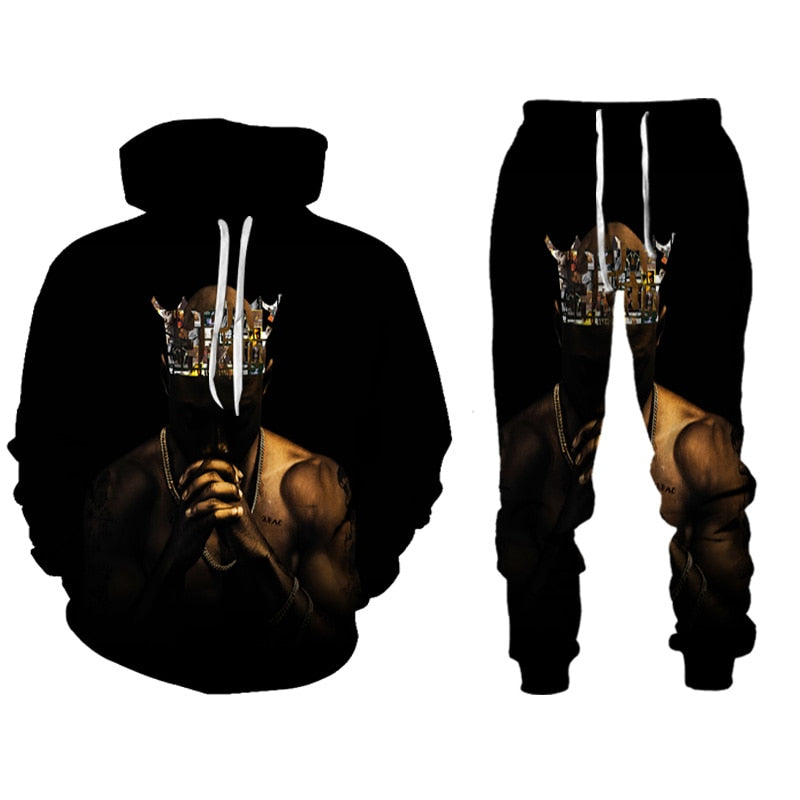 Hip Hop Rapper Tupac Hoodie Set 2 PAC Fleece Sweatshirts Sweatpants West Coast Gangsta Rap Clothing Pullover