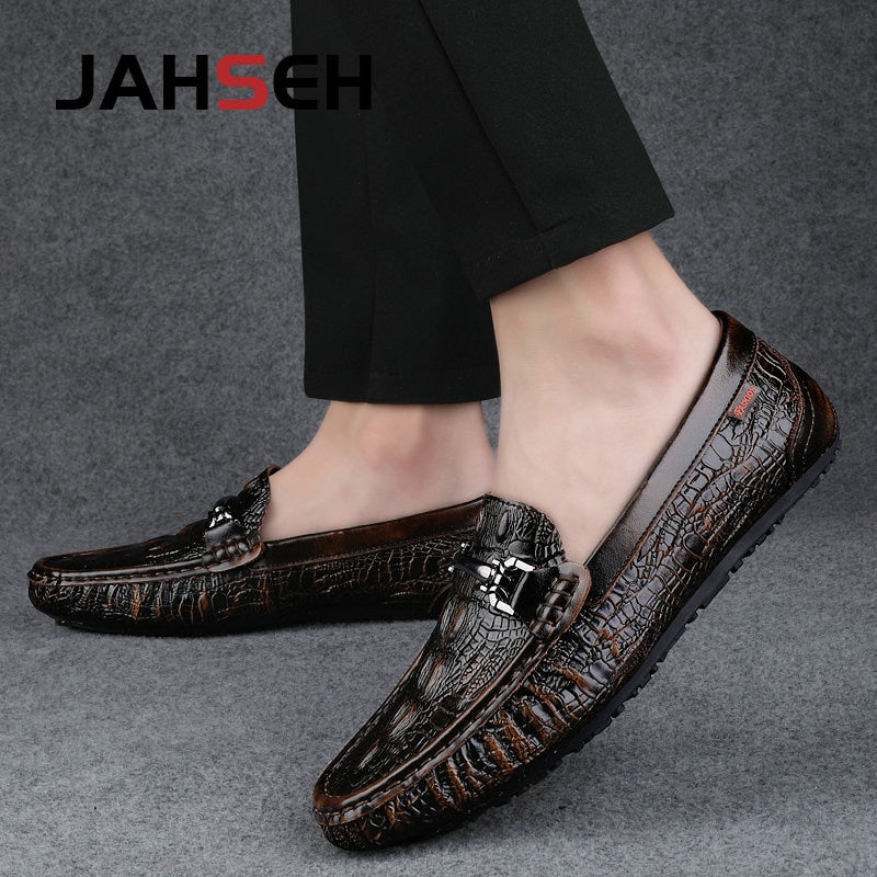 JAHSEH Men Cow Leather Crocodile Grain Style Loafers High Quality Business Casual Shoes Handmade Men Genuine Leather Moccasins