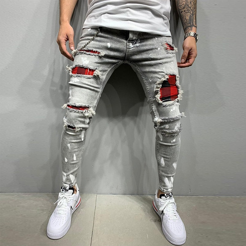 Mens Streetwear Fashion Pants Elastic Skinny Slim Fit Jeans Patch Pockets Ripped Jeans for Men Vintage Black Denim Trousers