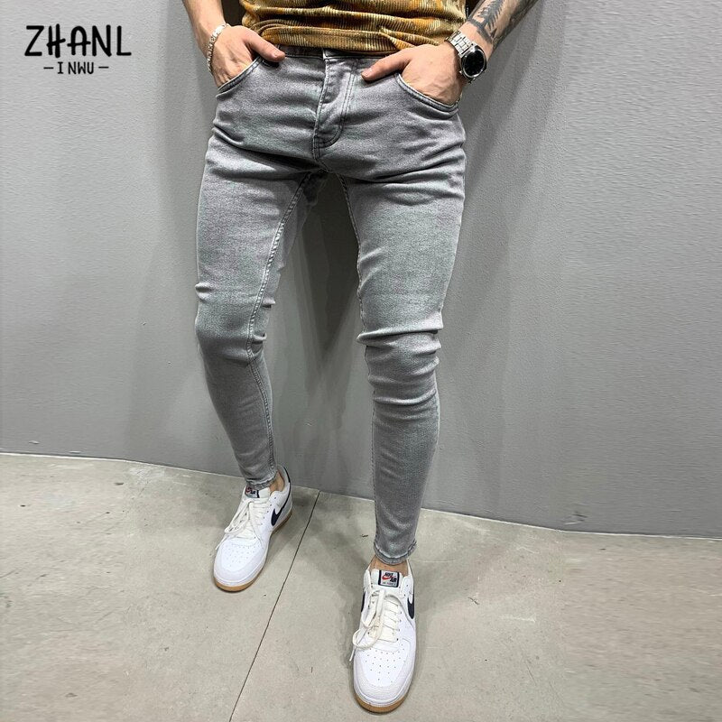 Casual Men's Jeans Business Jeans Men's Slim Stretch Pencil Pants Four Seasons Blue Sports Jeans Ripped Street Running Pants New