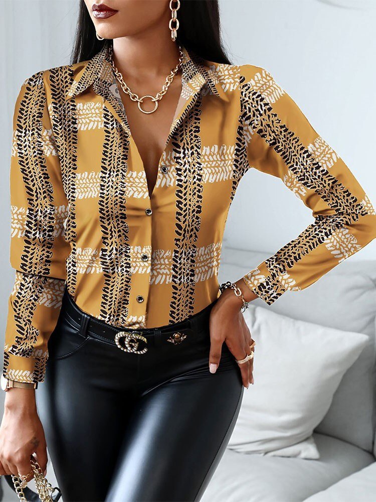 2022 New Print Blouse Womens Fashion Turn Down Collar Long Sleeve Plus Size Vintage Shirts Casual Lady Office Tops And Blouses