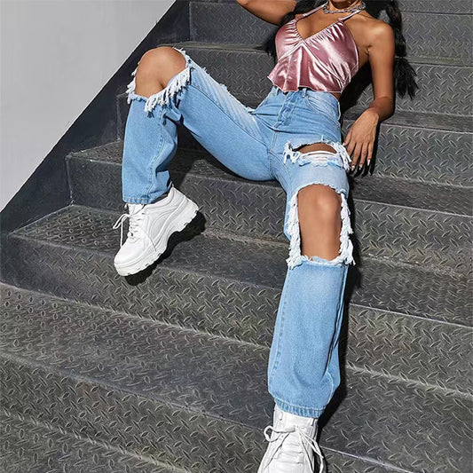 2022 Summer New Sexy Ripped Jeans Women Big Holes Destroyed Broken Torn Pants Vintage Female Denim Trousers Distressed
