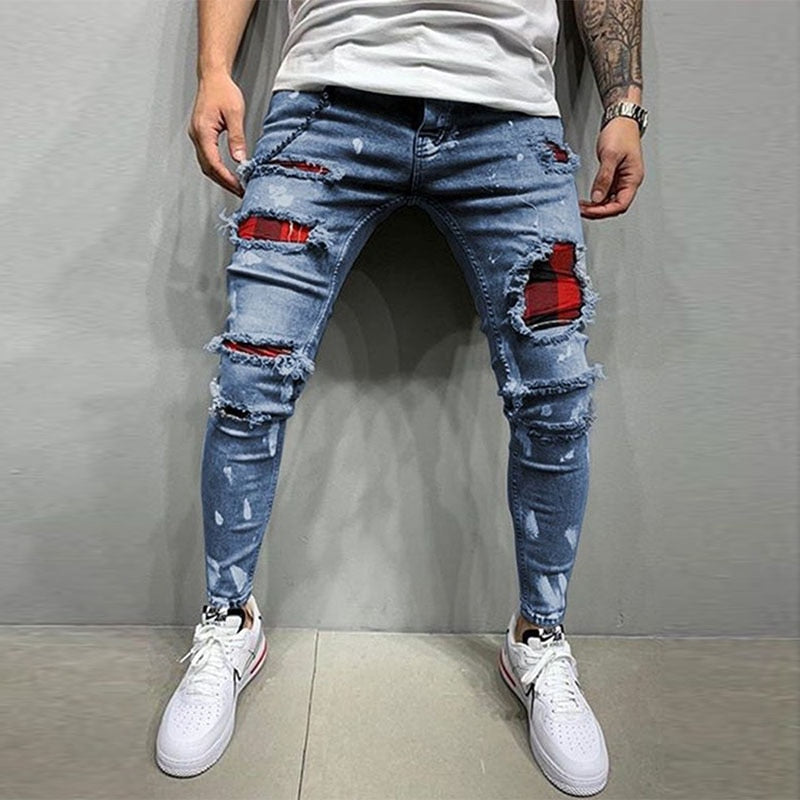 Mens Streetwear Fashion Pants Elastic Skinny Slim Fit Jeans Patch Pockets Ripped Jeans for Men Vintage Black Denim Trousers