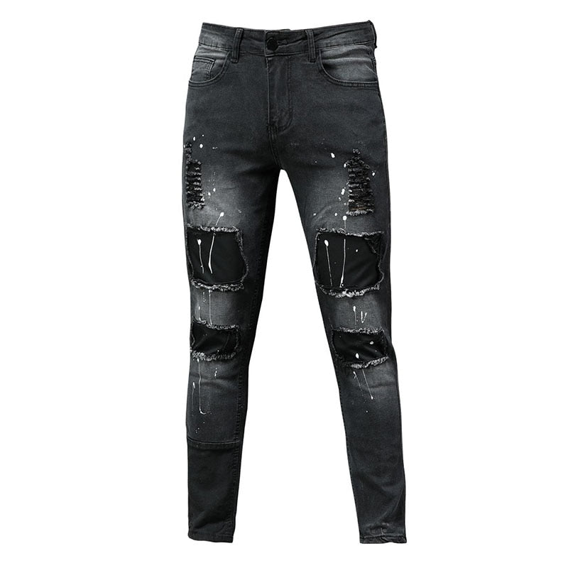 Mens Streetwear Fashion Pants Elastic Skinny Slim Fit Jeans Patch Pockets Ripped Jeans for Men Vintage Black Denim Trousers