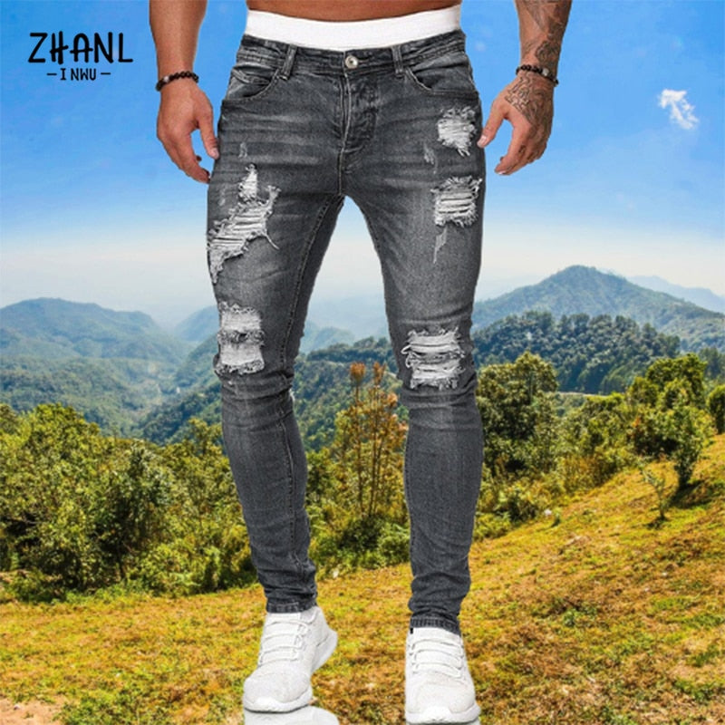 Casual Men's Jeans Business Jeans Men's Slim Stretch Pencil Pants Four Seasons Blue Sports Jeans Ripped Street Running Pants New