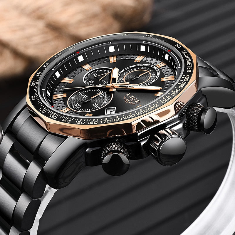 2022 LIGE Men Watches Waterproof Date Brand Clock Large Dial Watch for Men Chronograph Luxury Stainless Steel Quartz Wristwatch