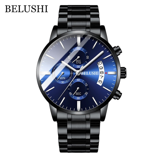 BELUSHI Fashion Men&#39;s Quartz Watch Chronograph Sport Men Watches Top Brand Luxury Full Steel Waterproof Clock Male Wristwatch